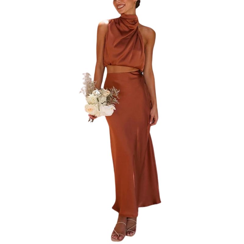 Satin two-piece set with skirt – Lina-Brown-S-The Livary