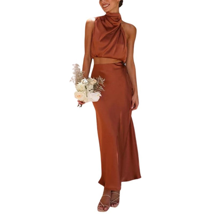 Satin two-piece set with skirt – Lina-Brown-S-The Livary