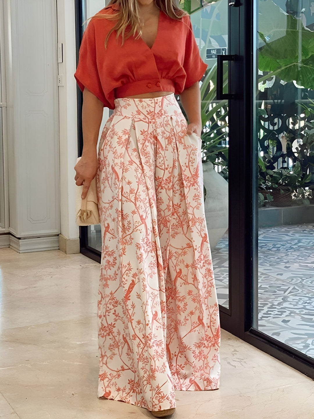 Two-Piece Summer Set with Loose Blouse and Wide Trousers – Élise-Red-S-The Livary