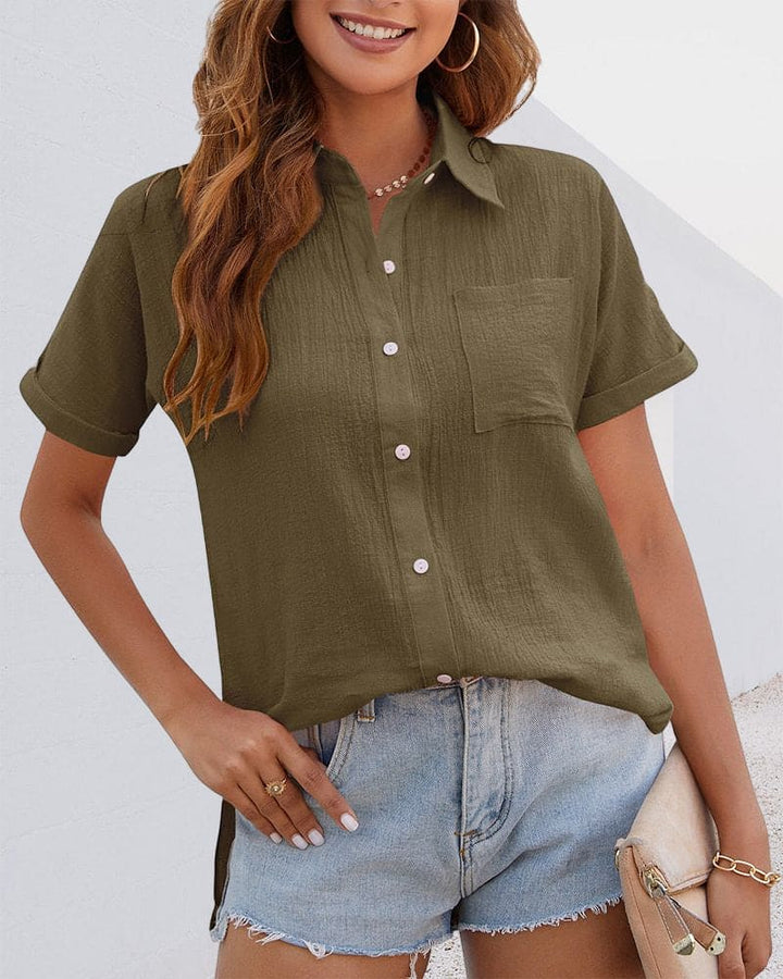 Cotton Blouse with Short Sleeves and Button Closure - Elin-Olive green-S-The Livary