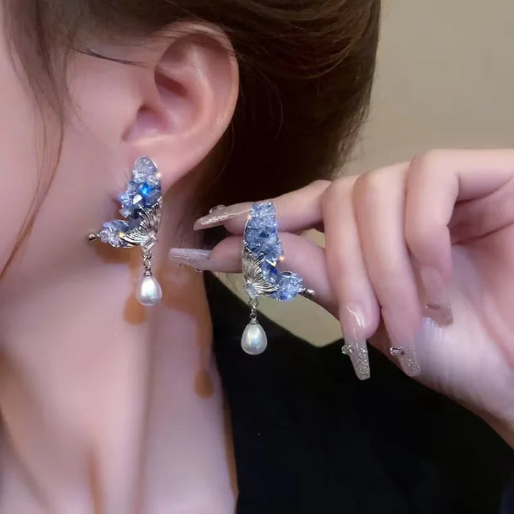 Blue Crystal Butterfly Wing Earrings with Pearl - Liora-The Livary
