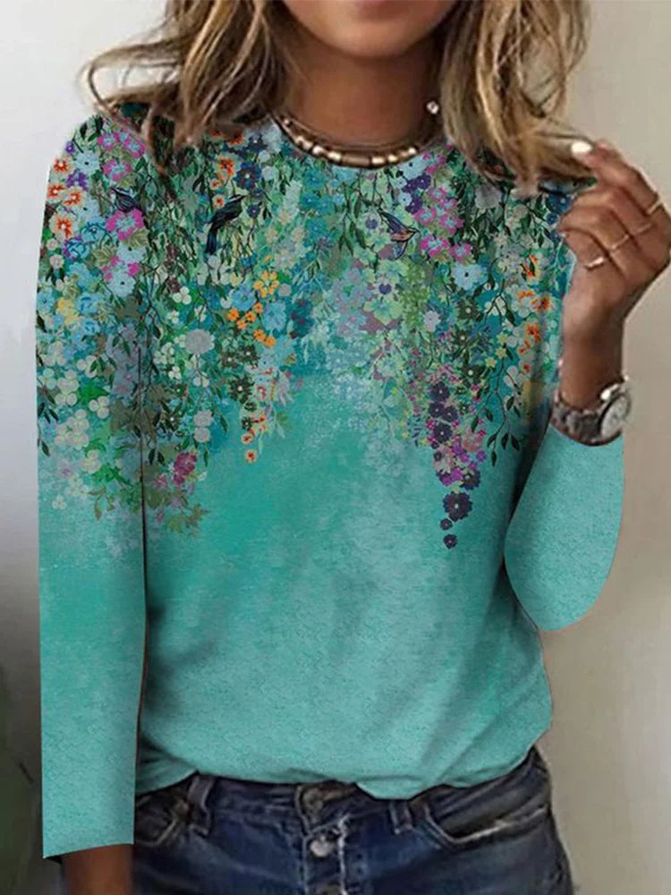 T-shirt with Floral Print and Long Sleeves - Liliane-S-The Livary