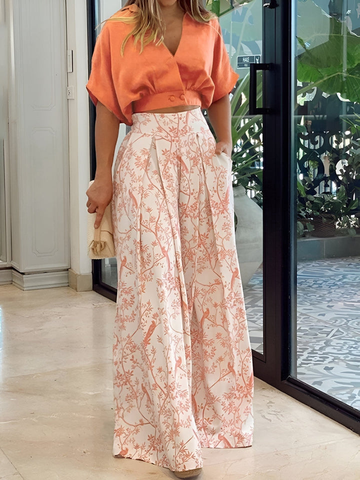 Two-Piece Summer Set with Loose Blouse and Wide Trousers – Élise-Orange-S-The Livary