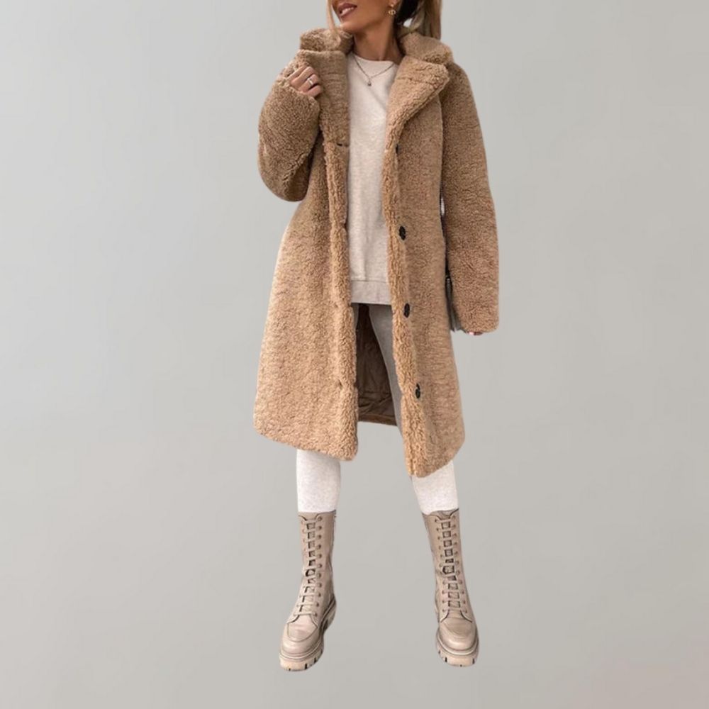 Long Teddy Coat for Women - Elodie-Khaki-S-The Livary