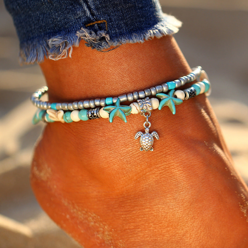 Silver Turtle Anklet with Sea Shells - Calypso-The Livary