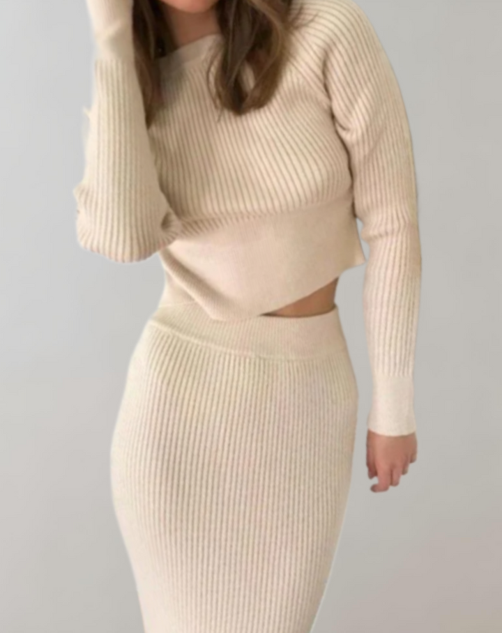 Lucy - 2-piece set of ribbed knitted sweater and slim fit skirt-2XS-Beige-The Livary