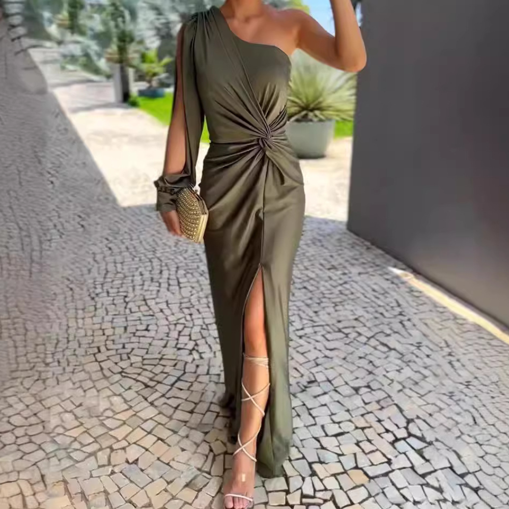 Designer Long Dark Green One Shoulder Long Sleeve Split Evening Dresses With Lace