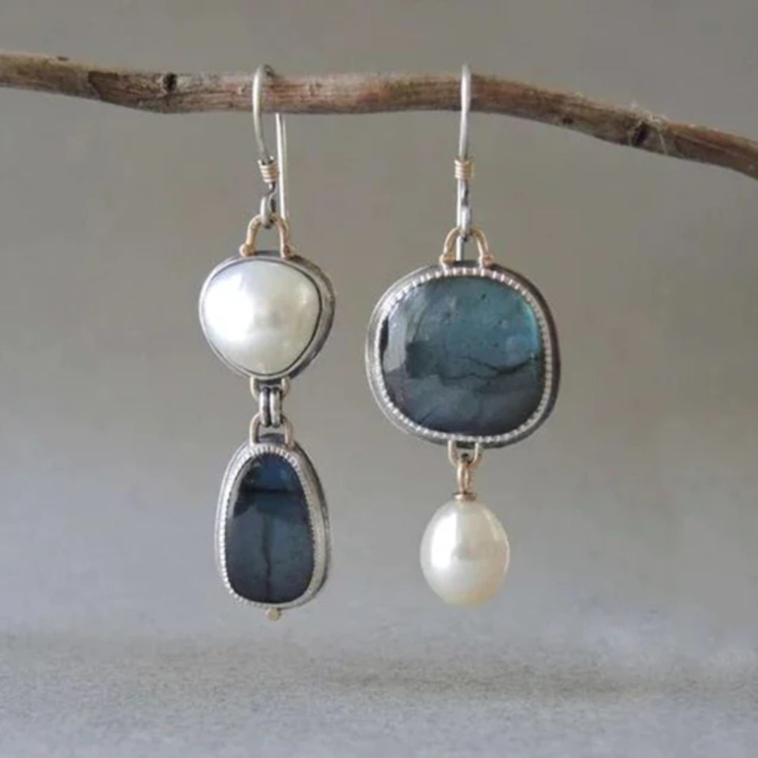 Vintage Earrings with Blue Natural Stone and Pearl - Amalina-The Livary
