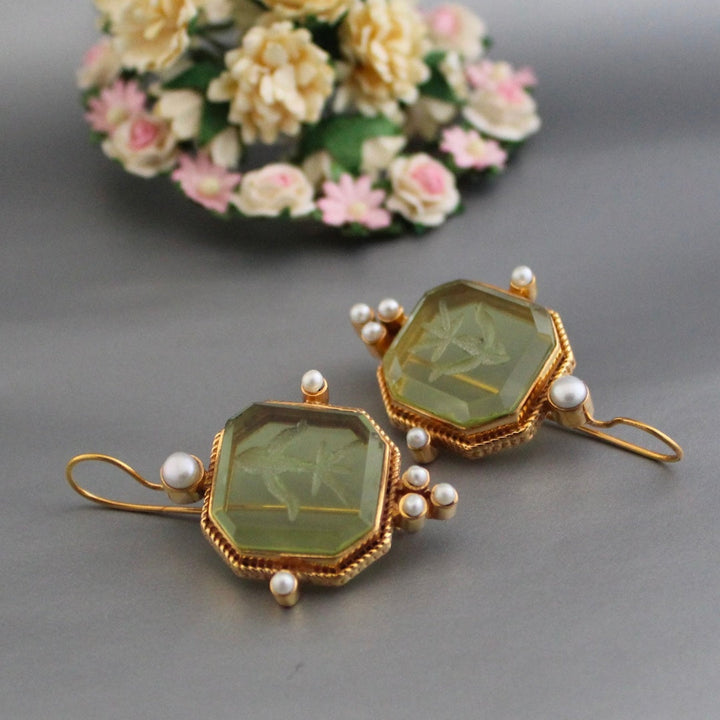Vintage Green Earrings with Pearls - Valeria-The Livary