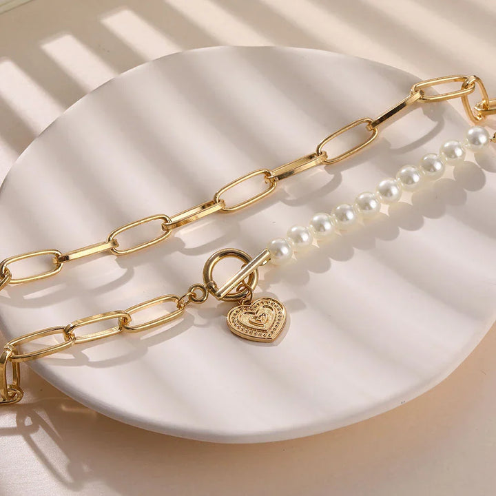 Golden Heart Necklace with Pearl Accents - Veerle-The Livary