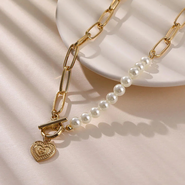Golden Heart Necklace with Pearl Accents - Veerle-The Livary