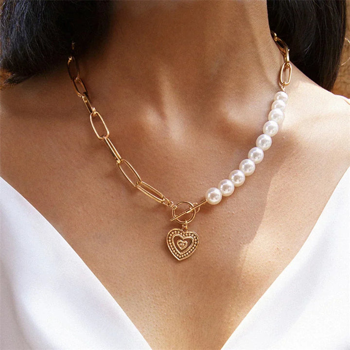 Golden Heart Necklace with Pearl Accents - Veerle-The Livary