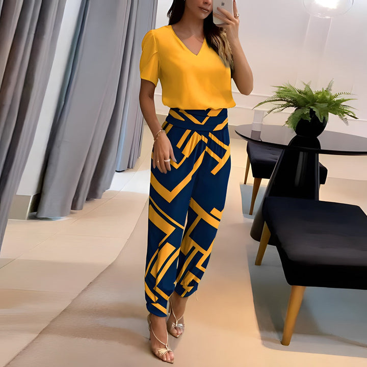 Fashionable blouse set with trousers – Comfort & Style combined – Fabienne-Yellow-Blue Print-S-The Livary
