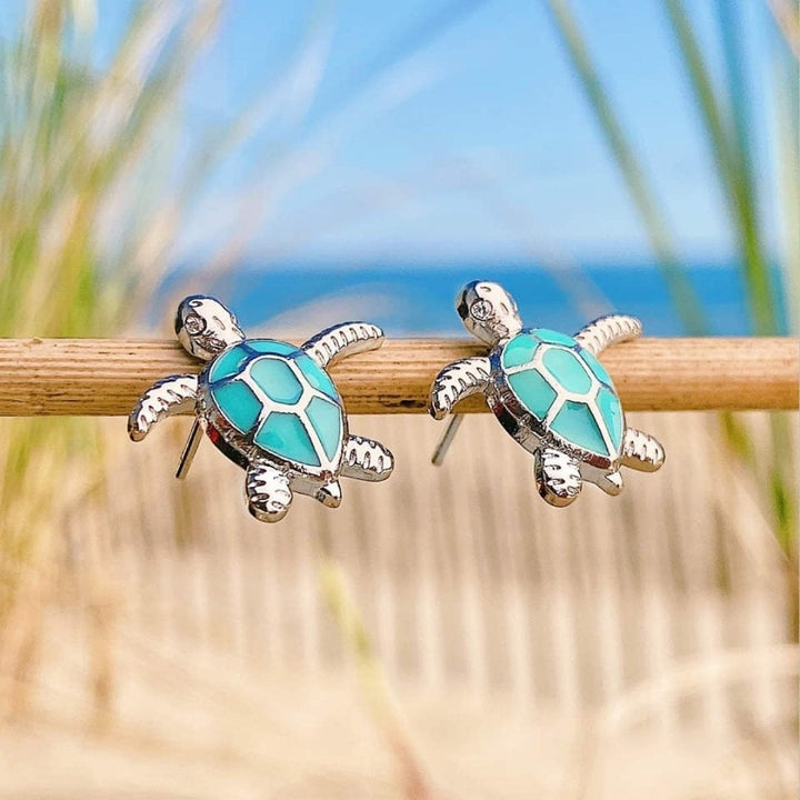 Silver Sea Turtle Opal Earrings - Marinea-Blue-The Livary