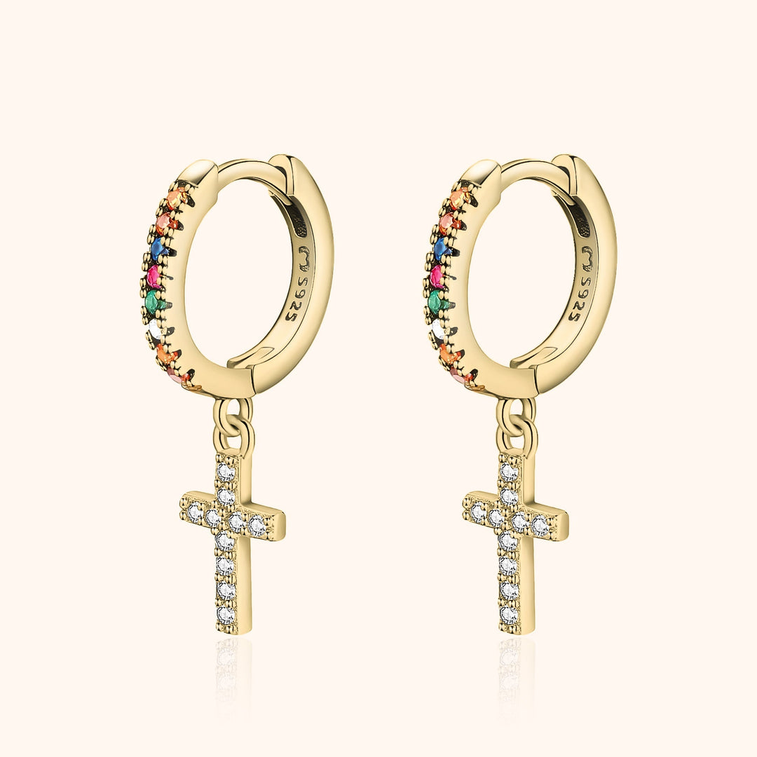 Coloured Zirconia Cross Earrings - Aurora-Gold-The Livary