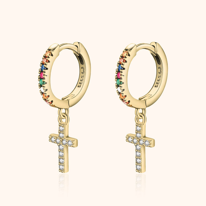 Coloured Zirconia Cross Earrings - Aurora-Gold-The Livary