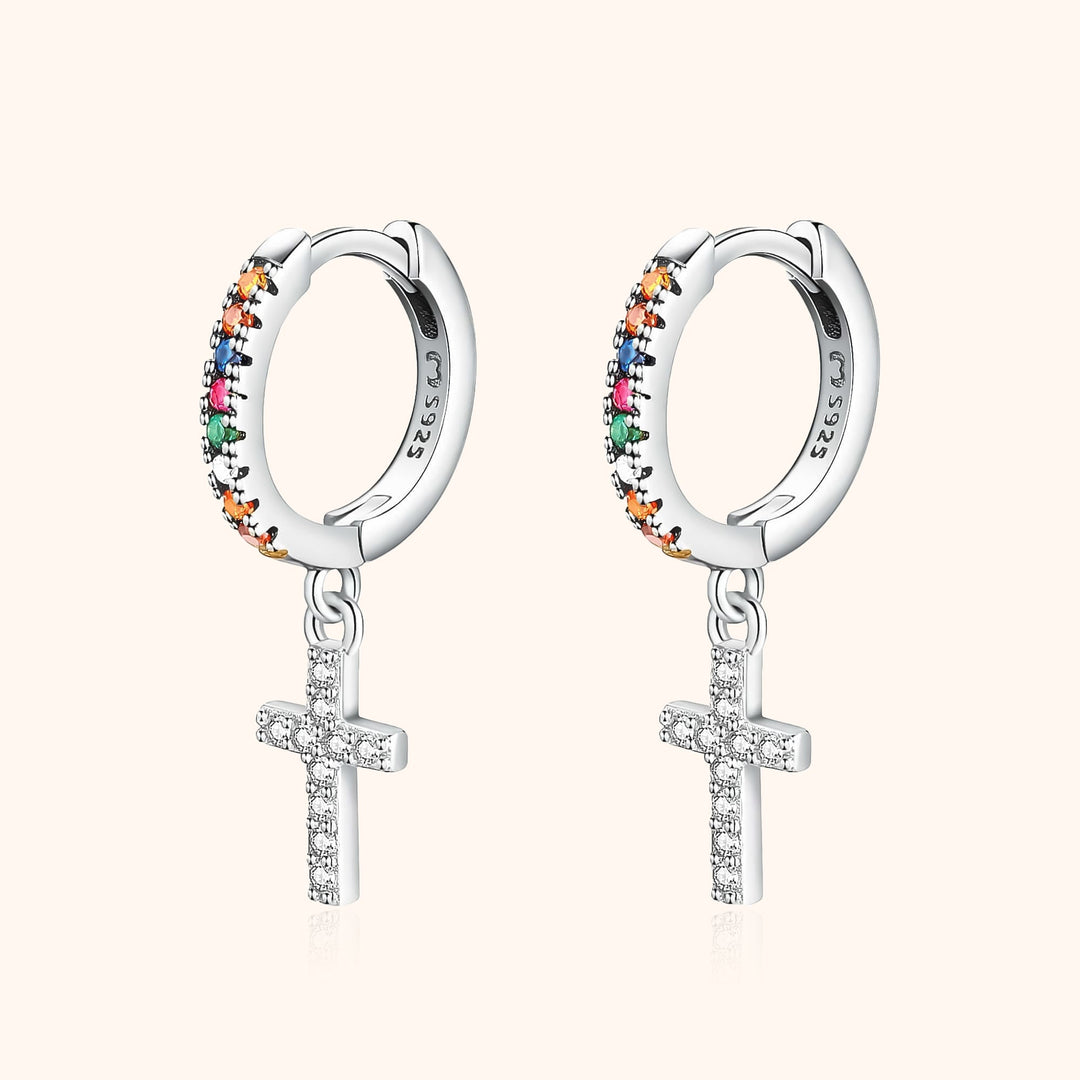 Coloured Zirconia Cross Earrings - Aurora-Silver-The Livary