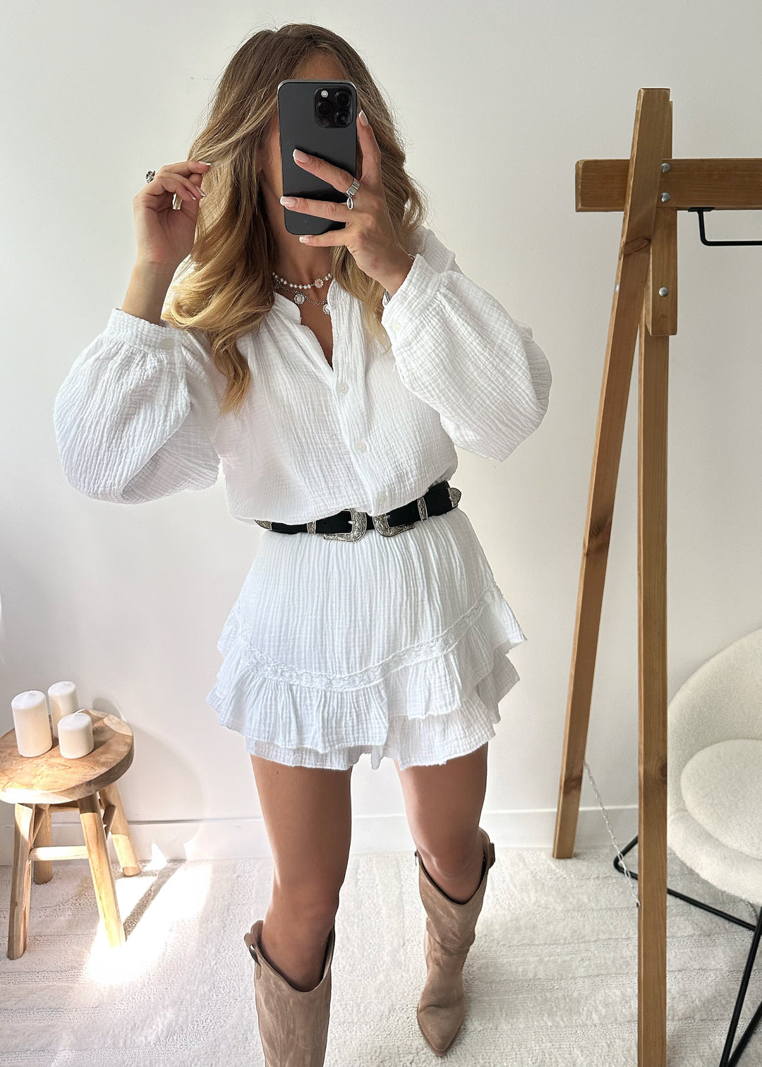 Light cotton set with blouse & ruffled shorts – Leora-The Livary