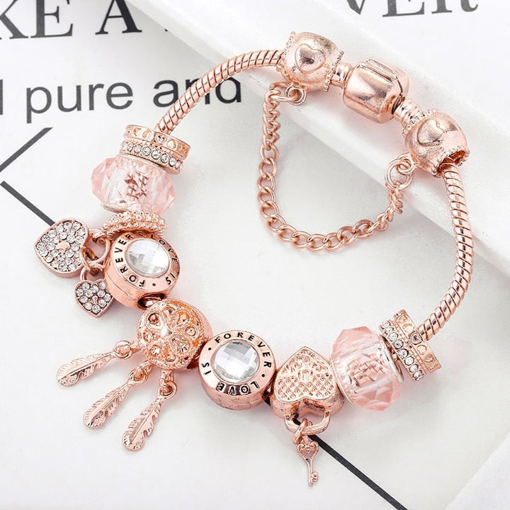 Rose Dreamcatcher Bracelet with Charms in Sterling Silver - Pink-6.30 in-The Livary