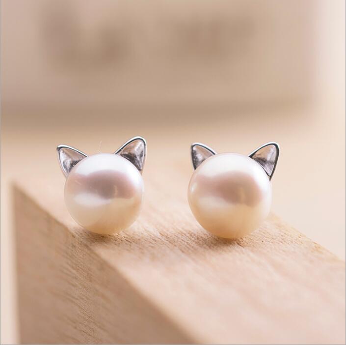 Cute Silver Cat Pearl Earrings - Mila-The Livary