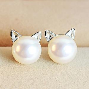 Cute Silver Cat Pearl Earrings - Mila-The Livary