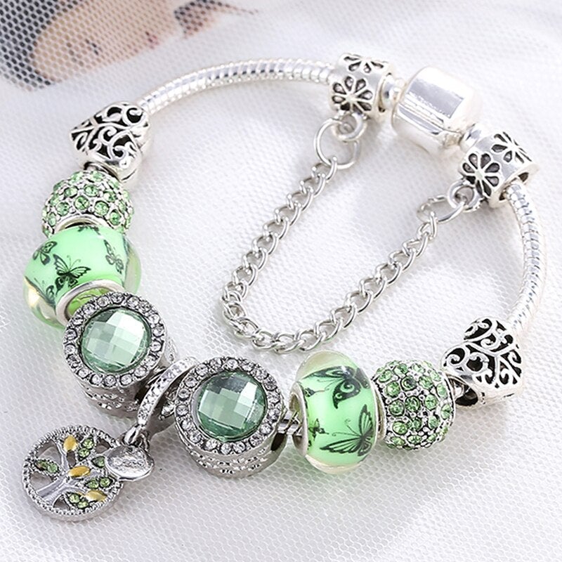 Sterling Silver Bracelet with Green Crystals - Isla-6.30 in-The Livary