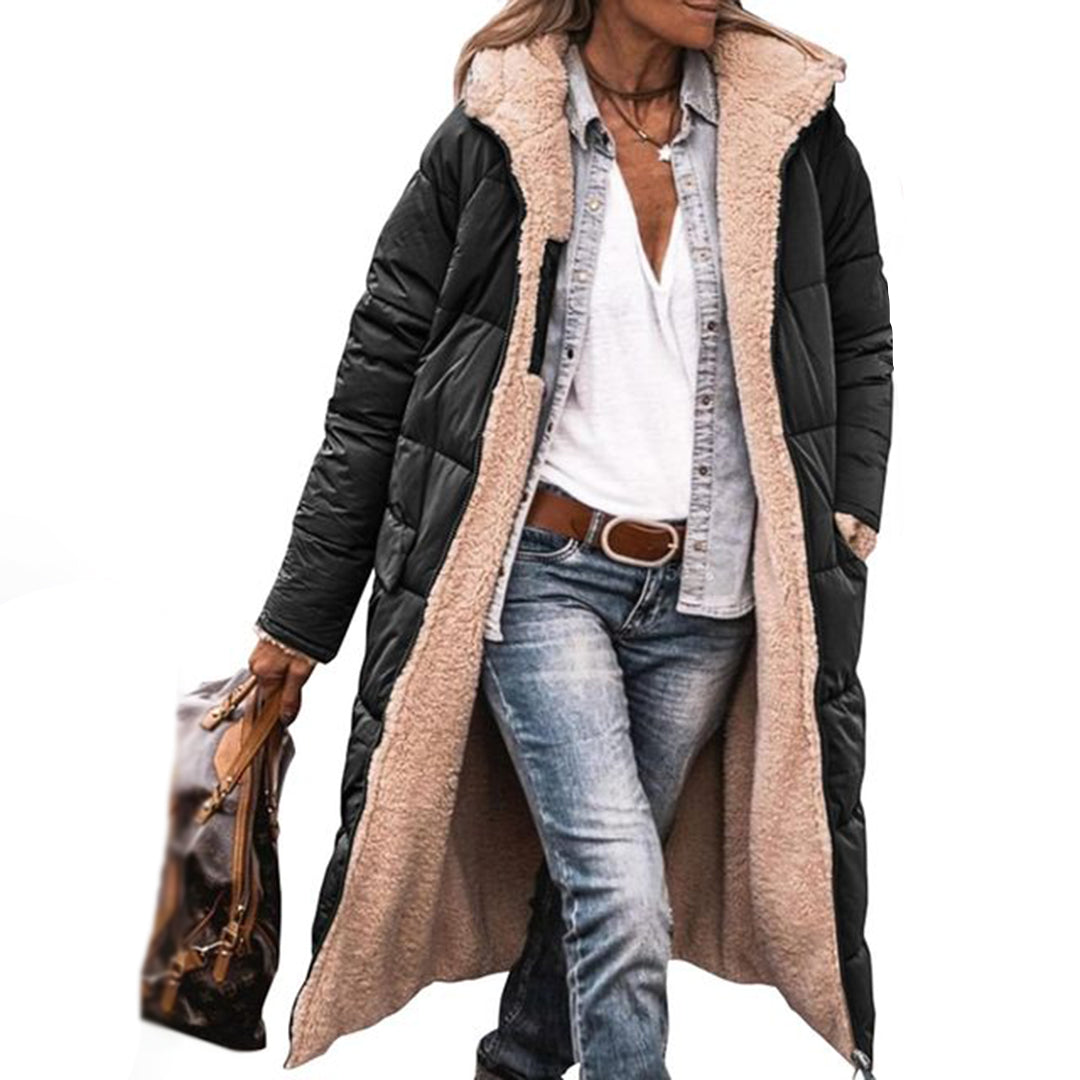 Long women's winter coat with stylish hood