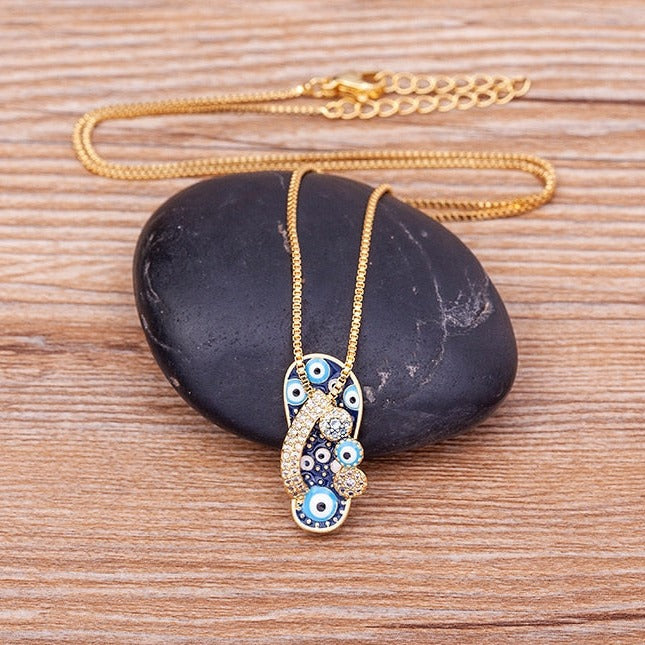 Gold Chain with Flip Flop Pendant and Evil Eye - Selma-The Livary