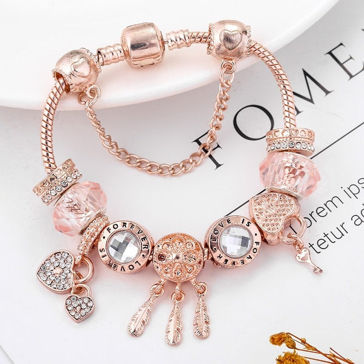 Rose Dreamcatcher Bracelet with Charms in Sterling Silver - Pink-6.30 in-The Livary