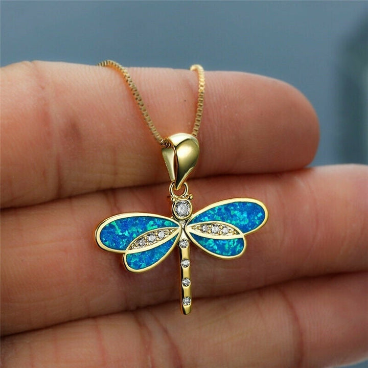 Dragonflies Gold Necklace with Opal - Aurielle-Blue-The Livary