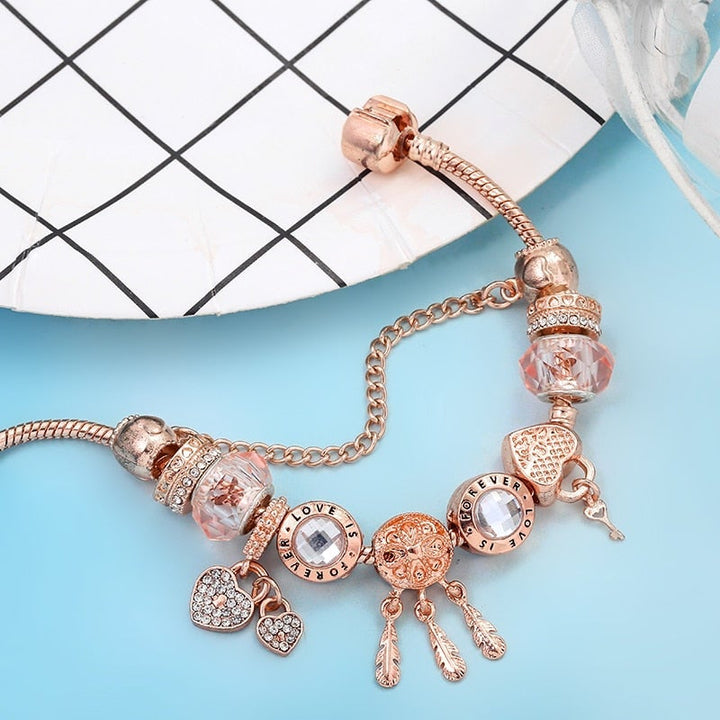 Rose Dreamcatcher Bracelet with Charms in Sterling Silver - Pink-6.30 in-The Livary