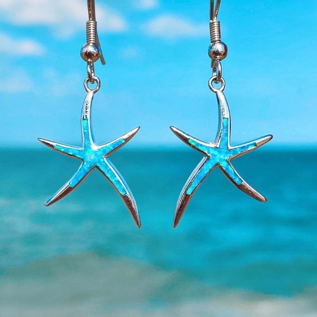 Silver Starfish Earrings with Opal - Arielle-Blue-The Livary