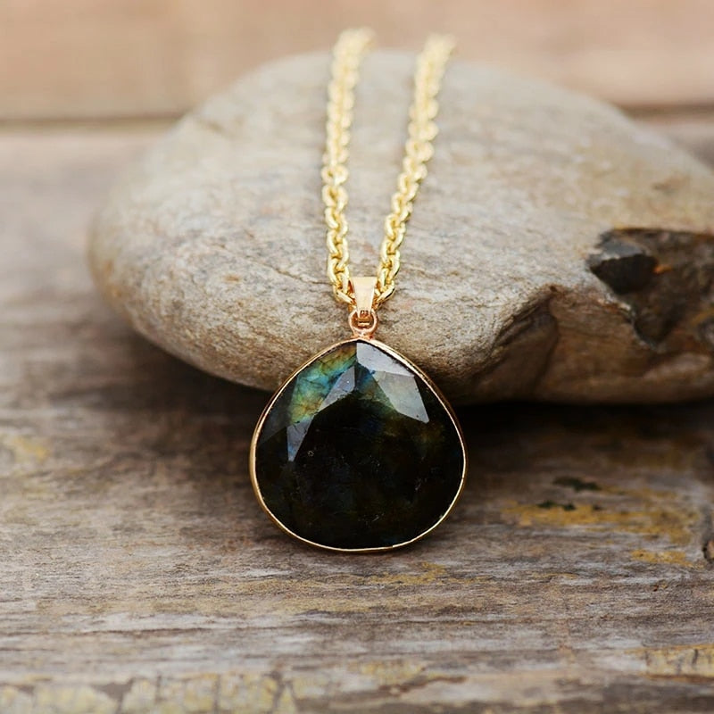 Labradorite Drop Necklace with Gold Plating - Elyria-The Livary