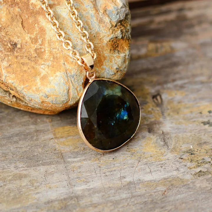 Labradorite Drop Necklace with Gold Plating - Elyria-The Livary