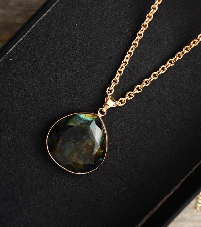 Labradorite Drop Necklace with Gold Plating - Elyria-The Livary