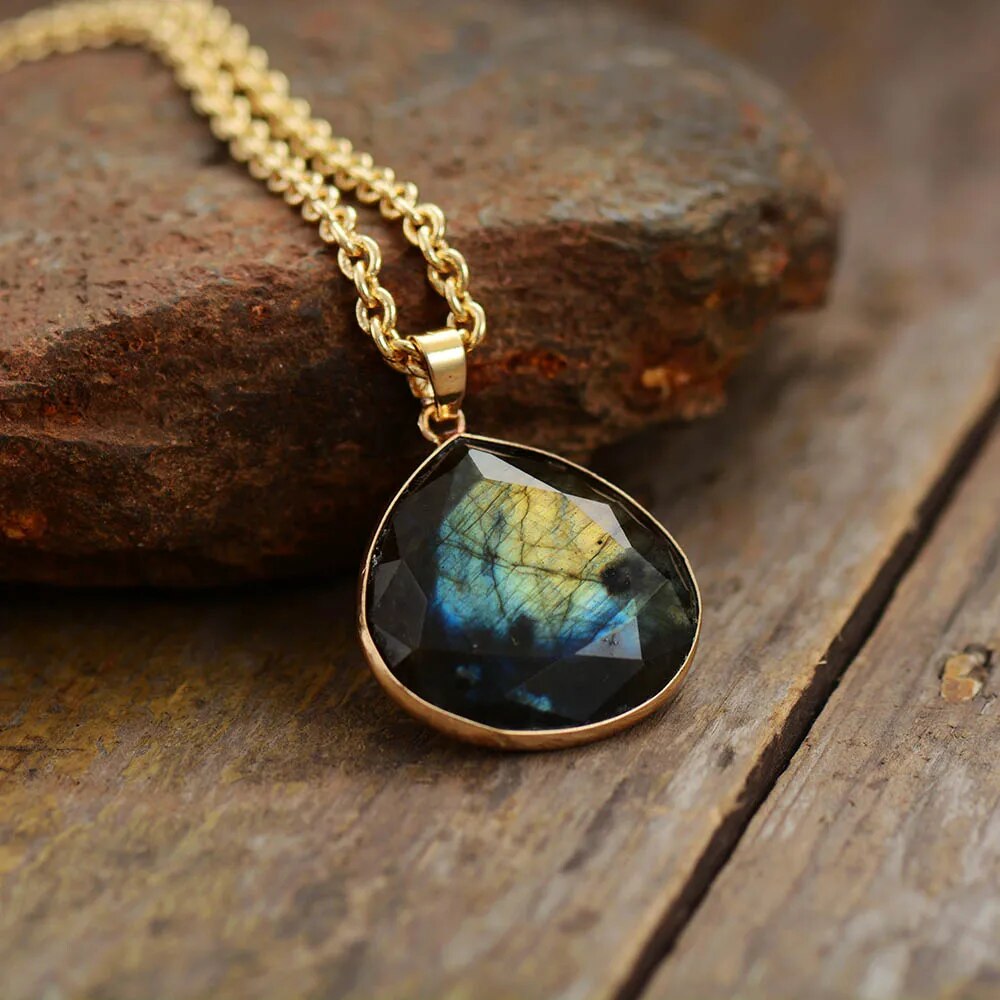 Labradorite Drop Necklace with Gold Plating - Elyria-The Livary