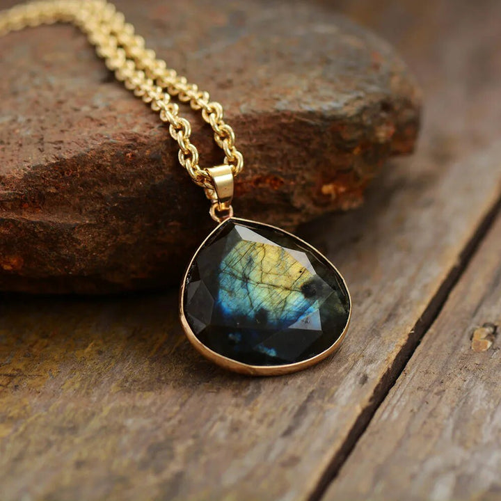 Labradorite Drop Necklace with Gold Plating - Elyria-The Livary
