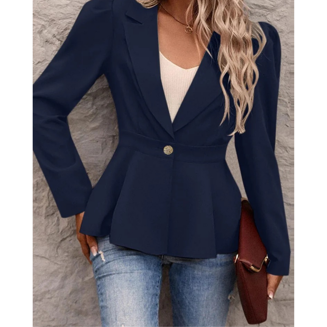 Plain Ribbed Collar Women's Blazer - Liana-Blue-S-The Livary