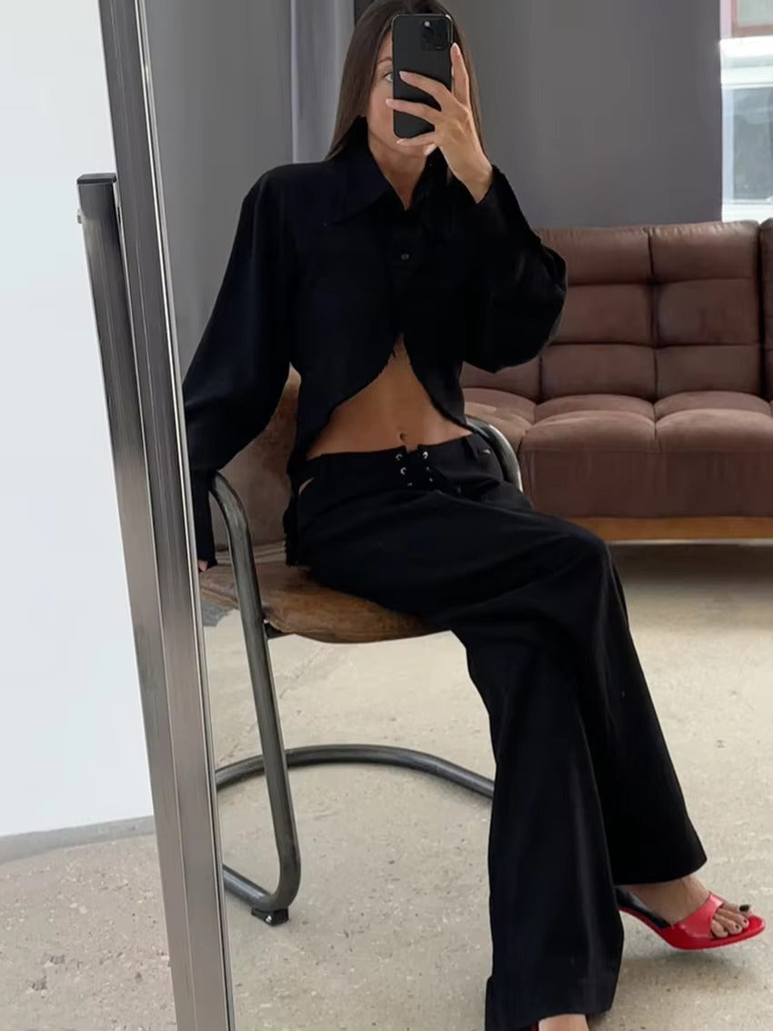 Airy & Stylish Two-Piece Linen Set with Long Sleeve Top and Trousers for Women – Nayela-Black-S-The Livary