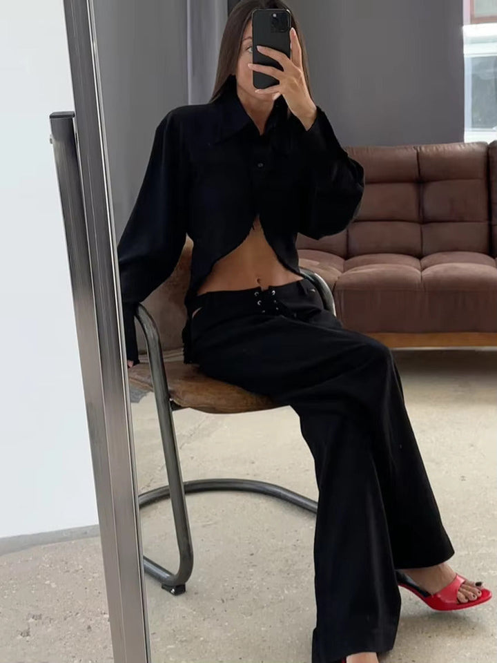 Airy & Stylish Two-Piece Linen Set with Long Sleeve Top and Trousers for Women – Nayela-Black-S-The Livary