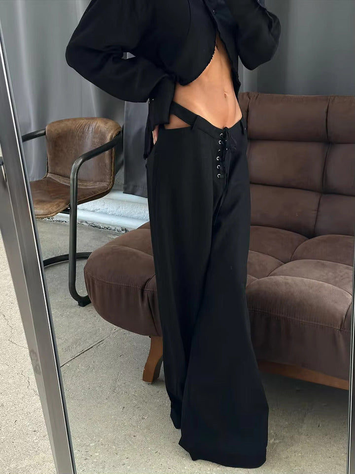 Airy & Stylish Two-Piece Linen Set with Long Sleeve Top and Trousers for Women – Nayela-Black-S-The Livary