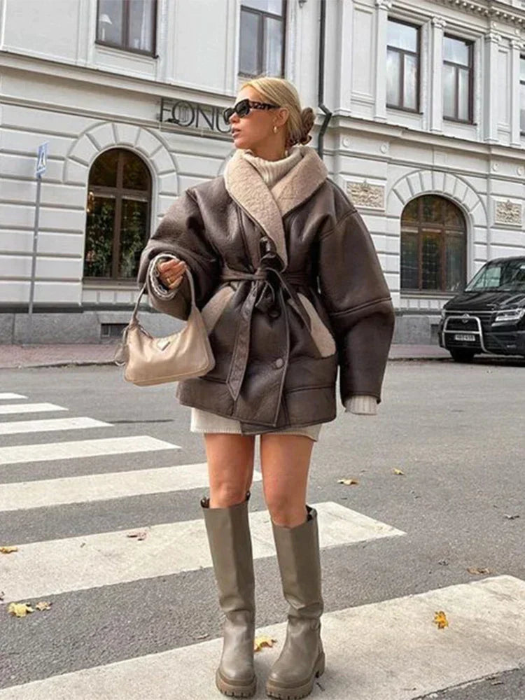Luxury Winter Coat Made of Leather and Fur - Mirabelle-Khaki-S-The Livary