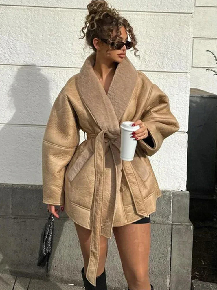 Luxury Winter Coat Made of Leather and Fur - Mirabelle-Khaki-S-The Livary