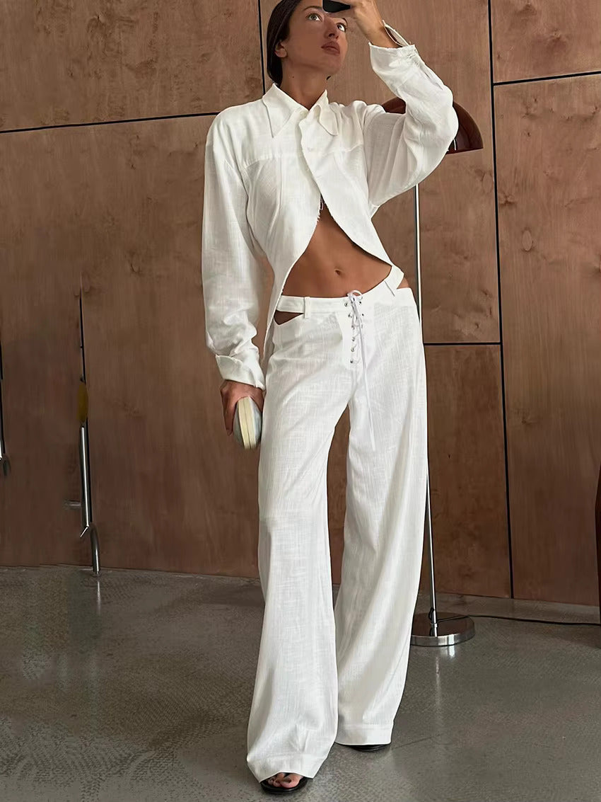 Airy & Stylish Two-Piece Linen Set with Long Sleeve Top and Trousers for Women – Nayela-Black-S-The Livary