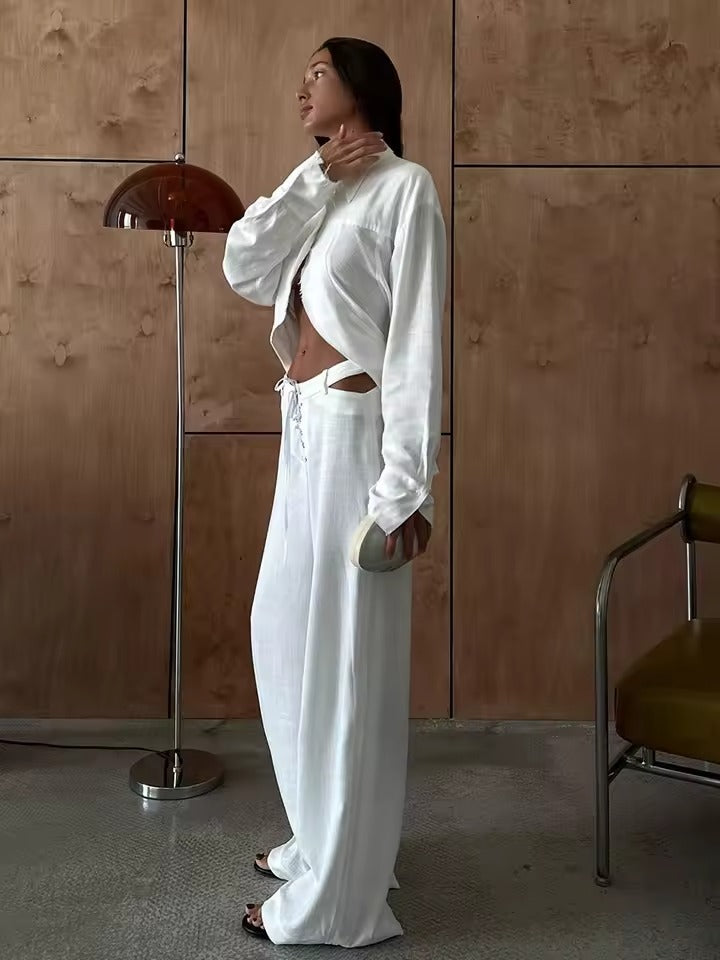 Airy & Stylish Two-Piece Linen Set with Long Sleeve Top and Trousers for Women – Nayela-White-S-The Livary