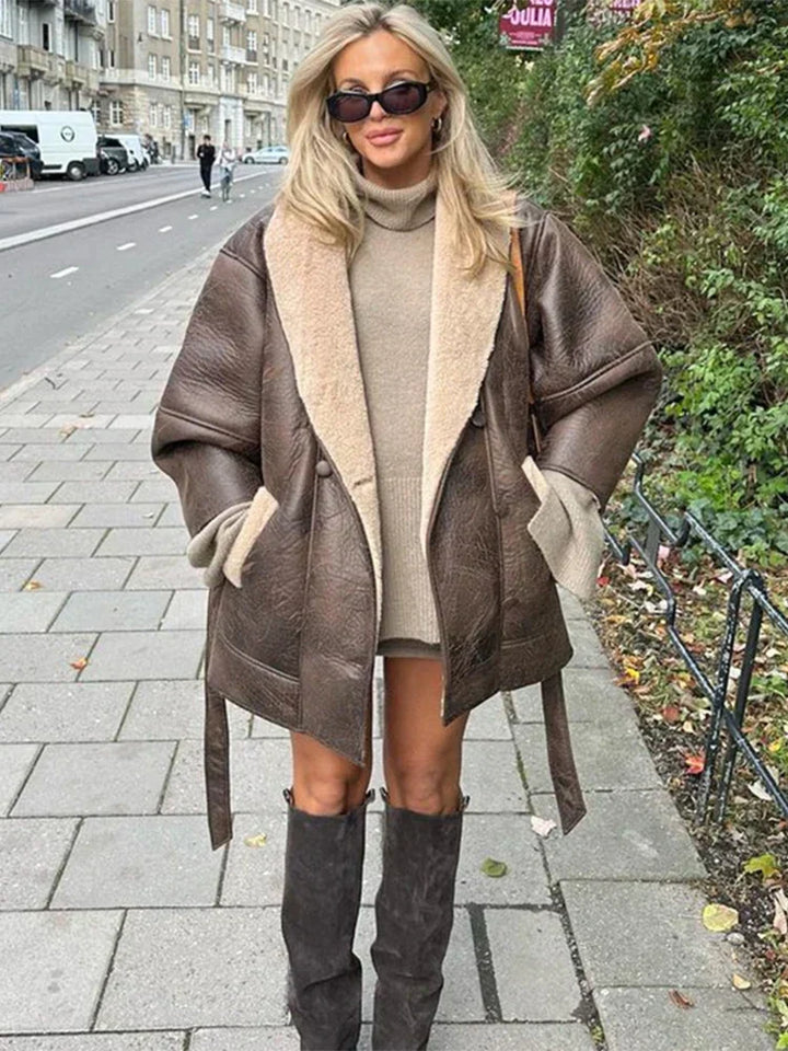 Luxury Winter Coat Made of Leather and Fur - Mirabelle-Khaki-S-The Livary