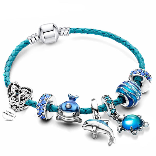 Ocean Breeze Bracelet with Charms in Leather and Silver - Julia-6.30 in-The Livary