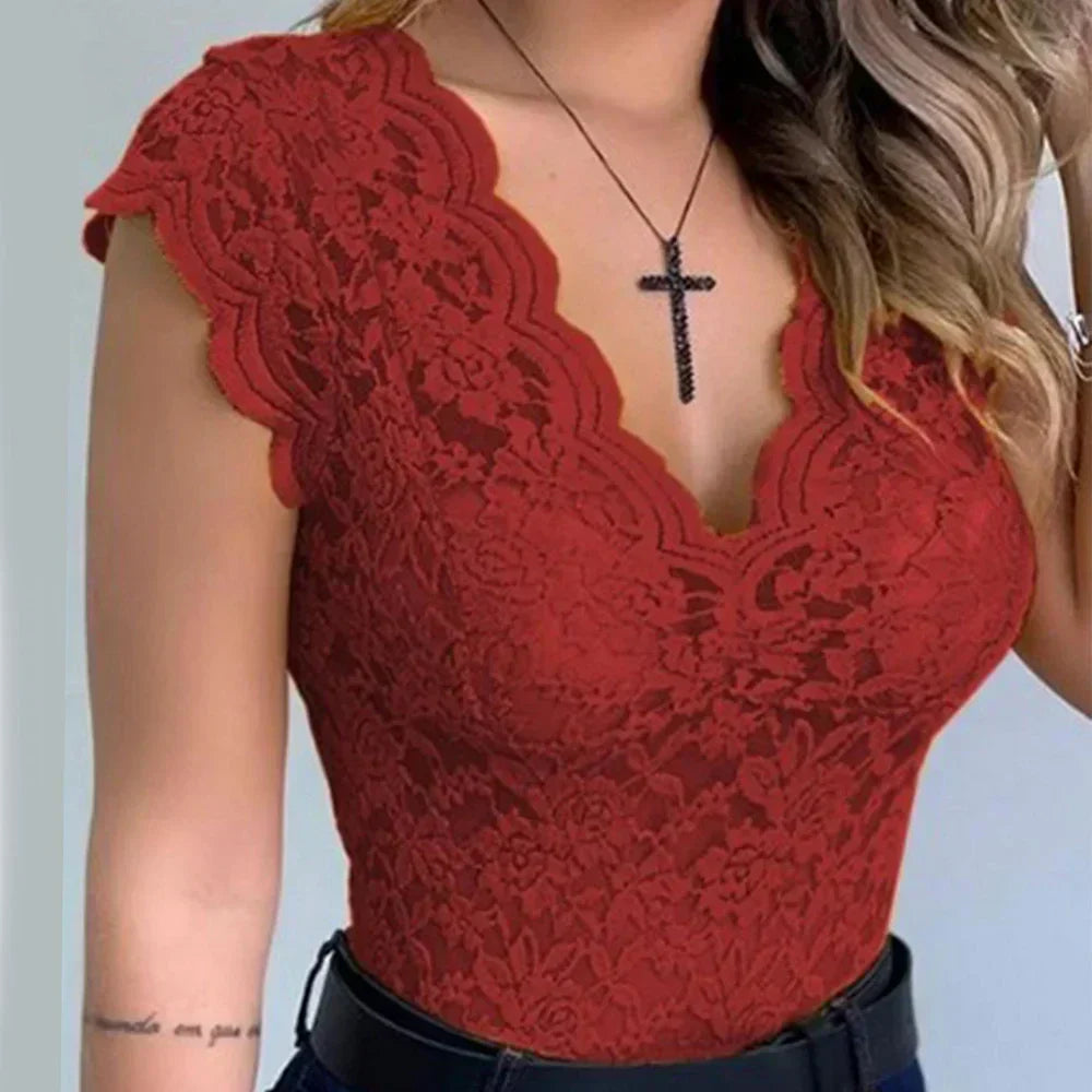 Slim Fit Sleeveless Lace Top - Elise-Red-S-The Livary