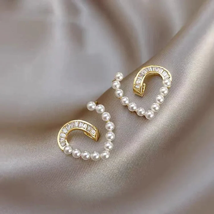 Heart-shaped Earrings with Pearls and Zirconia - Ameline-The Livary