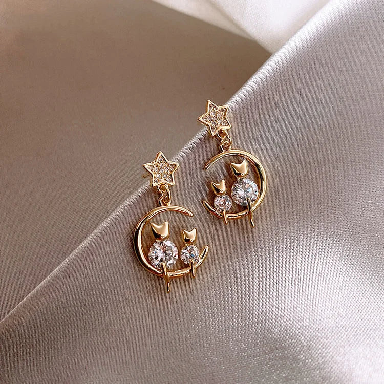 Gold Cat Ear Earrings with Zirconia - Feline-The Livary